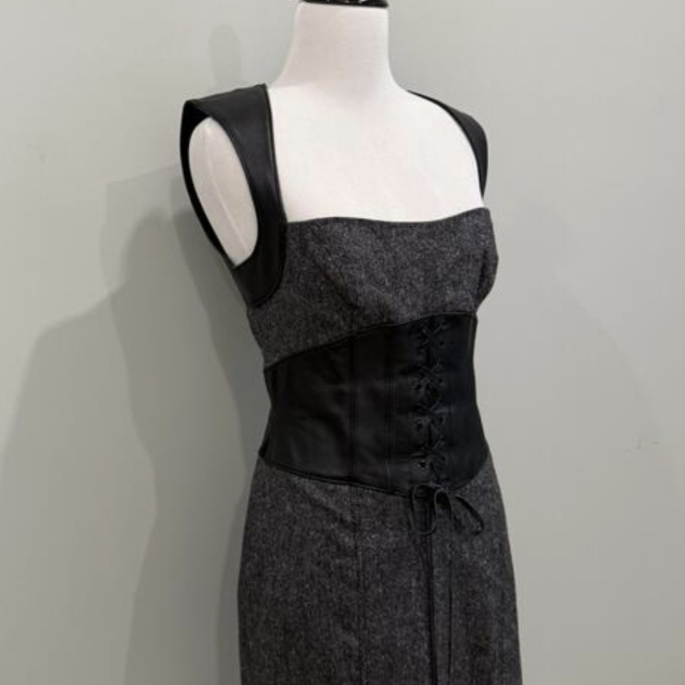 Bebe Vintage Y2K Real Leather Corset Wool Midi Pencil Dress Gray Tweed Size 8 - Picture 5 of 11